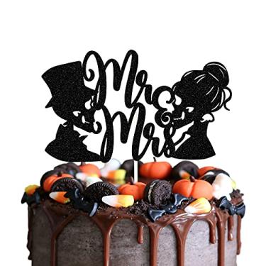 Imagem de Topo de bolo Sr. e Sra. Caveira preta, topo de bolo de casamento Sr. e Sra. Caveira, decoração de festa tema noivado assustador, decorações de Halloween.