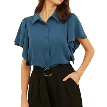 Imagem de GRACE KARIN Camisas femininas de botão com babados e manga curta gola V elegante casual para trabalho de escritório, Cinza e azul, G