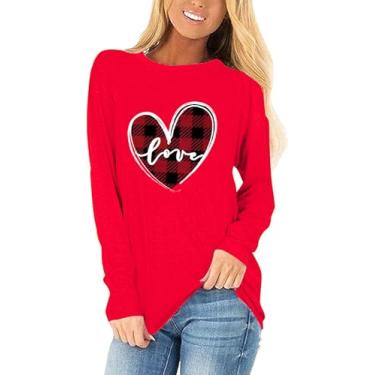 Imagem de Woffccrd Camisetas femininas Love Heart de manga comprida com gola redonda e estampa de gnomos de coração xadrez casual, Vermelho 1, P