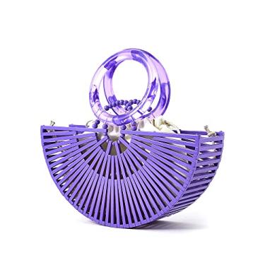 Imagem de VAKAER Bolsa feminina de bambu para o verão, praia, feita à mão, grande, com bolsa interna, Roxa, Small