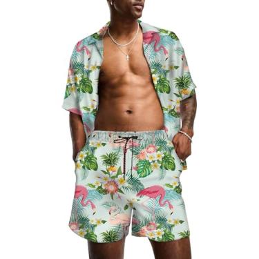 Imagem de KYKU Conjunto masculino de camisa havaiana e short – camisa de verão de manga curta abotoada para férias tropicais, roupas de 2 peças, Tropical multicolorido, P