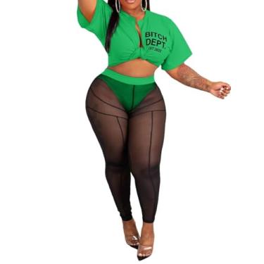 Imagem de Adogirl Conjunto feminino de 2 peças de calça legging longa de malha transparente amarrada na frente e manga curta, F Verde, GG
