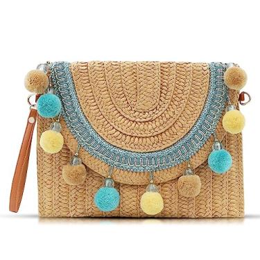 Imagem de QTKJ Bolsas clutch de palha, bolsas transversais para mulheres, pacote envelope com pingente de bola de pelo azul, bolsas boêmias, bolsa de ombro adequada para praia, viagens, combinação diária, Caqui