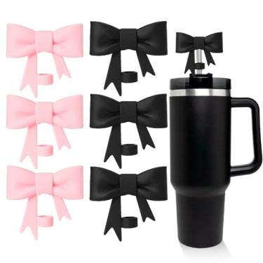 Imagem de DJAIOD 6 peças (3 rosa + 3 preto) capa de palha para Stanley, capas de palha de silicone de 10 mm (0,4 polegadas) para copos, topo de palha de laço, tampa de palha para copo Stanley de 1,134 g e 850 g