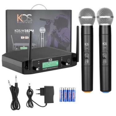 Imagem de 2 Microfones Sem Fio De Mão UHF Bivolt Receptor 2 Antenas Com 4 Pilhas