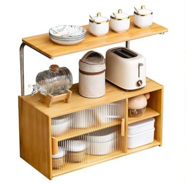 Imagem de Curtainboro Aparador de despensa de cozinha pequeno, aparador de despensa de bambu com 2 portas deslizantes, armário de armazenamento de mesa para garrafas de tempero, prato, máquina de pão,