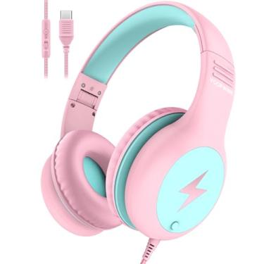 Imagem de Voopwink Fones de ouvido infantis com fio com microfone, fones de ouvido USB C para crianças, meninas, meninos com cabo/luzes LED/limite de volume de 85/94dB, fones de ouvido portáteis para escola