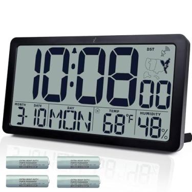 Imagem de Relógio de parede atômico operado por bateria, relógio de mesa digital de 26,7 cm com temperatura e umidade, despertadores de configuração automática com 57 toques, horário de verão automático, visor