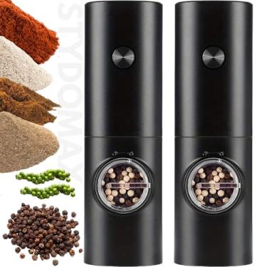 Imagem de Kit 2 Moedor Elétrico de Sal e Pimenta Tempero (Pacote com 2) Conjunto Moedor de Sal Grosso e Pimenta Do Reino Automático Com Recipiente de 70 ml Luz Led Para Churrasco na Cozinha (Preto) (2)