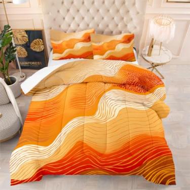 Imagem de AUCOOMA Conjunto de edredom King com estampa de ondulação e arte em ouro laranja (tamanho king)