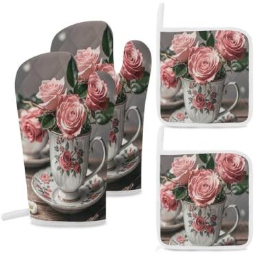 Imagem de Conjuntos de luvas de forno e suportes de panela, xícaras de chá com rosas, luvas de forno de cozinha resistentes ao calor, antiderrapante, 4 peças de almofadas quentes e conjuntos de luvas de forno