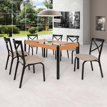 Imagem de Conjunto Sala de Jantar Mesa 140cm X 77cm Tampo Vidro com 6 Cadeiras Karina Preto Fosco / Bege
