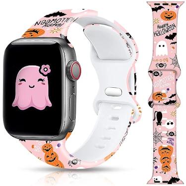 Imagem de Pulseira de relógio de Halloween de Natal compatível com Apple Watch de 38 mm, 40 mm, 41 mm, 42 mm, 44 mm, 45 mm, iWatch SE, séries 8, 7, 6, 5, 4, 3, 2, 1, de silicone macio de Natal, Halloween, pulseira de substituição esportiva para meninas (rosa Halloween, 42/44/45/49mm)