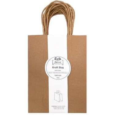 Imagem de Angels Craft Pacote com 12 sacos Kraft com alças - 25,4 cm x 17,8 cm - Cores naturais | Sacos de presente de papel duráveis para varejo, aniversário, festa e projetos DIY