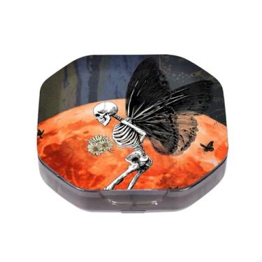 Imagem de Caixa de comprimidos pequena com 4 compartimentos, crânio, asas de borboleta, impermeável, durável, organizador de pílulas de viagem, portátil, vitamínico, óleo de peixe, suporte de medicamentos