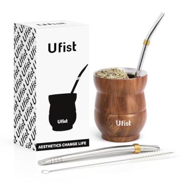 Imagem de Ufist Conjunto de copos de erva mate, aço inoxidável de parede dupla de 136 g, com 2 bombas e escova de limpeza (grão de madeira)