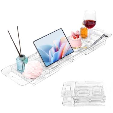 Imagem de Bandeja de banheira de acrílico transparente expansível, bandeja de banheira dobrável com compartimentos de drenagem, organizador de banheiro impermeável antiderrapante e presente de spa para mulheres