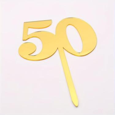 Imagem de 1 peça de topo de bolo número acrílico acabamento espelhado dourado 18 40 50 60 70, decoração de festa de aniversário, sobremesa de feriado de casamento, dourado, 50