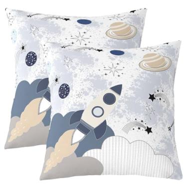 Imagem de jejeloiu Capa de almofada fofa de foguete astronauta 40,6 x 40,6 cm, conjunto de 2 fronhas decorativas para sofá, espaço, foguete, impressão, capa de almofada, capa de almofada, decoração de casa
