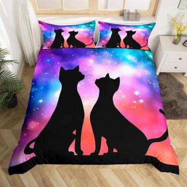 Imagem de Jogo de cama de gato para amantes, galáxia, tamanho Queen, azul, roxo, céu estrelado, gatinho, adorável animal de estimação, decoração de quarto para crianças, senhoras, presentes de Dia dos Namorados