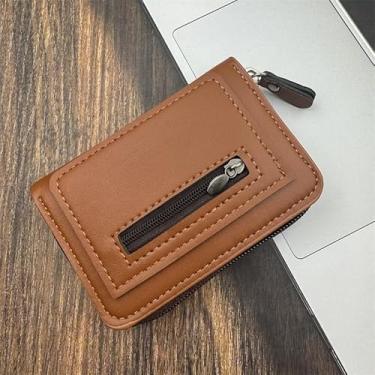 Imagem de Carteira curta masculina, carteira multifuncional de couro PU com zíper, presente ideal para homens, Café Leve, Bonito