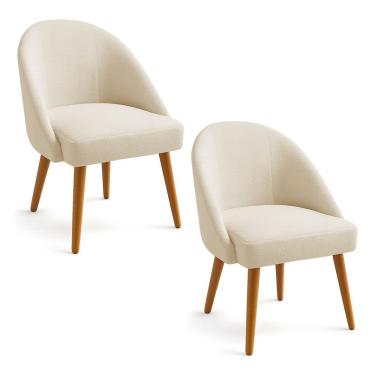 Imagem de Kit 02 Cadeiras Poltrona De Jantar Estofada Luna Boucle Bege Pés Palito Castanho - Pallazio
