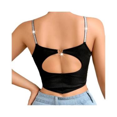Imagem de Top Cropped Preto Com Alça De Strass, Costas Abertas, Fivela Em Coraçã