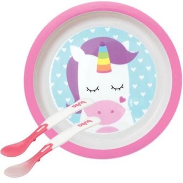 Imagem de Prato Raso BUBA Unicórnio e 2 colheres termossenssíveis infantil macia