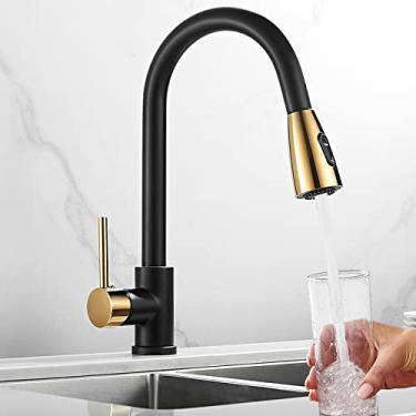 Imagem de Torneira de cozinha removível de cobre de luxo, água quente e fria, pia, pia, torneira de varanda, ouro e preto, torneira de cozinha, latão