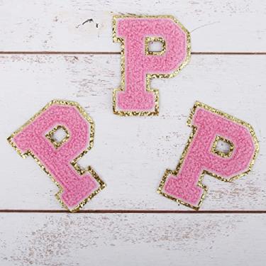Imagem de Pacote com 3 adesivos de Chenille Iron On Glitter Varsity Letter 5 cm de altura - Tecido de chenille rosa com acabamento em glitter dourado - Costurar ou passar a ferro - 5 cm PNK P