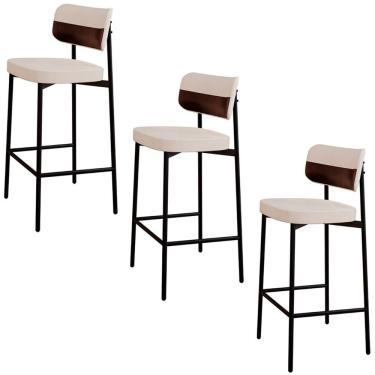 Imagem de Banqueta Alta Bar Estofada Kit 3 Ella M25 Linho Palha/marrom - Mpozenato