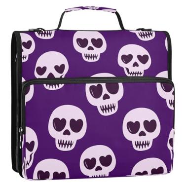 Imagem de Wassud Caveiras com olhos em forma de coração fichário com zíper 3 anéis com alça de ombro e alça Trapper Keeper vários bolsos expansível organizador de pasta de arquivos