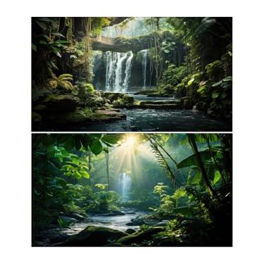 Imagem de 2 pacotes com 2 pacotes de fundo de aquário tropical floresta tropical floresta de peixes riacho, árvores verdes, plantas, ponte de pedra, cascata, réptil, tanque de réptil, pôster 61 x 30 cm