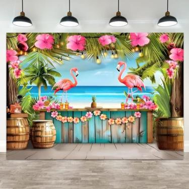 Imagem de ASDCXZ 3 x 2,4 m, cenário de praia de verão, fundo de flamingo, fundo fotográfico, palmeira, tropical, madeira rústica, luau, decoração de festa de aniversário, decoração de festa de aniversário para