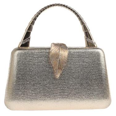 Imagem de Bolsa clutch feminina bolsa de mão de metal com trava de folha de casamento bolsa de ombro bolsa mensageiro, Dourado, M