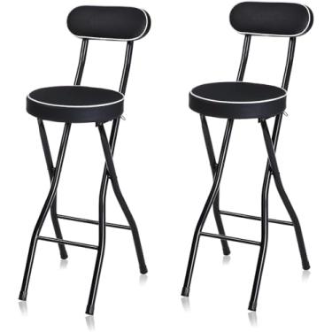 Imagem de Banco De Bar Portátil Com Encosto E Apoio Para Os Pés, Cadeira Dobrável De Altura De Balcão Com Estrutura De Aço Para Cozinha Em Casa Ilha Café Da Manhã, Black 2pcs, 65cm/26inch