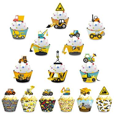 Imagem de NEPOG Topos E Embalagens Para Cupcakes De Construção Crianças, Conjunto 28 Peças, Escavadeira, Caminhão, Empilhadeira, Trator, Carro, Engenharia, Tema Feliz Aniversário Meninos, Chá Bebê, Suprimento