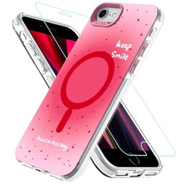 Imagem de BESINPO Capa magnética para iPhone SE 2022/SE 2020/8/7 capa de 4,7 polegadas com protetor de tela de vidro, [compatível com MagSafe], linda estampa Keep Smile capa à prova de choque, rosa
