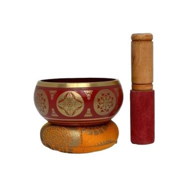 Imagem de Tigela tibetana Singing Bowl budista tibetano | 7 tigelas matel | Pacote com 1 tigela azul + 1 martelo + almofada redonda | Melhor para cura do som (10 cm, vermelho)