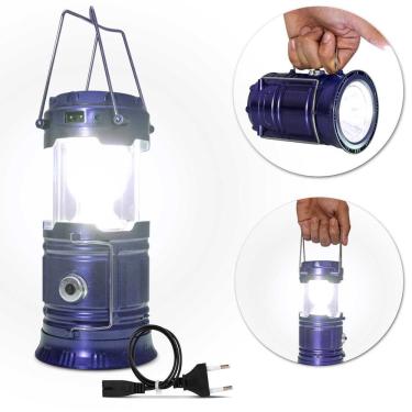 Imagem de Luminária LED Retrátil Lampião Solar Recarregável Bivolt USB Azul Lanterna Alças Luz Emergência