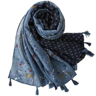 Imagem de Cachecol floral para mulheres, azul, feminino, cachecol com borla, 188 x 89 cm, para inverno, para mulheres