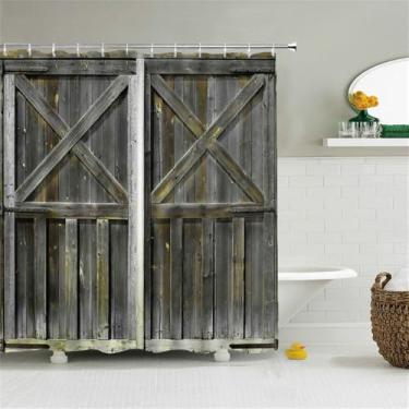 Imagem de Cortinas de banheiro de porta de madeira, cortina de chuveiro, impressão à prova d'água com gancho, tela de banheira, tecido de poliéster lavável, 1590X, L210xA180cm