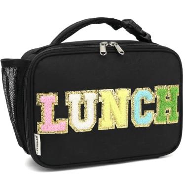 Imagem de FlowFly Lancheira infantil, lancheira escolar com isolamento durável com suporte de garrafa, bolsa térmica pequena térmica para meninos e meninas adolescentes, BlackWithLetter