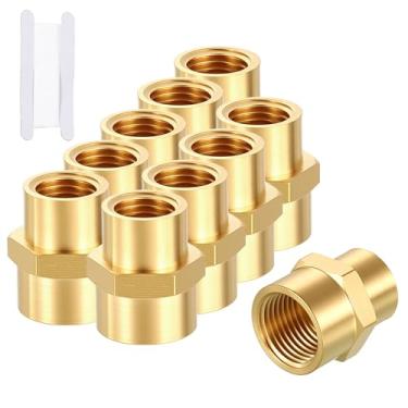 Imagem de Rebower Pacote com 10 adaptadores FeMale para FeMale, 3/20.3 cm FNPT x 1/10.2 cm FNPT Acoplador de acoplamento de latão cabeça hexagonal encaixe de tubo com fita de vedação para industrial