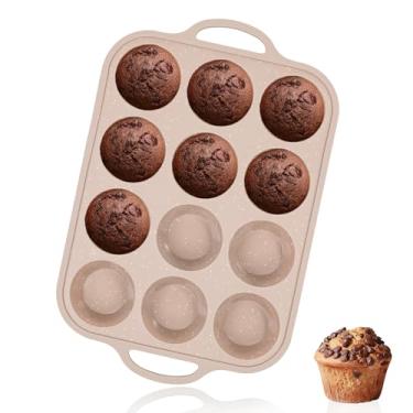 Imagem de Vinino Formas de muffin de silicone para assar com moldura reforçada de metal, 12 xícaras de tamanho regular, forma de cupcake de silicone marrom antiaderente, livre de BPA, máquina de lavar louça