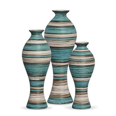 Imagem de Trio Vaso Califórnia Decoração em Cerâmica Azul e Palha Marrakesh