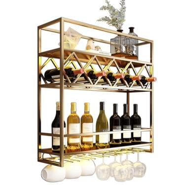 Imagem de Rack de vinho montado na parede com suporte de vidro, suporte de garrafa de metal moderno, prateleiras flutuantes de unidade de bar, organizador de garrafas de vinho multifuncional, rack de