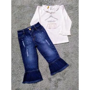 Imagem de Conjunto Feminino Blusa Off White Cotton Ml E Calça Jeans Matinee