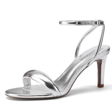 Imagem de LingxiaUne Sandálias douradas/prateadas com bico aberto sexy salto agulha quadrado sandálias elegantes sapatos de verão, Prata, 37