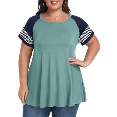 Imagem de LARACE Camiseta feminina plus size túnica básica de verão manga curta casual gola redonda, Verde-acinzentado/azul marinho, 2X